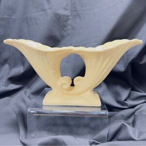 Vtg Art Pottery Double Vase Cornucopia Ceramic 11" Long By Abingdon Yellow Cream